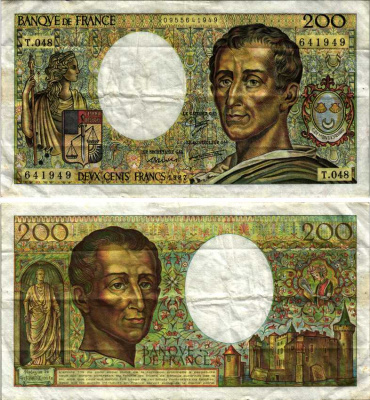 ФРАНЦИЯ 200 ФРАНКОВ 1987 ШАРЛЬ ЛУИ де МОНТЕСКЬЁ Pick 155b бумага 7183-17-3-2