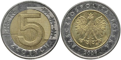 Польша 5 злотых 2009 MW KM 284 биметалл 93-1036