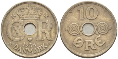 ДАНИЯ 10 ЭРЕ 1934 N ; GJ, КРИСТИАН X (1912-1947) KM 822.2 медно-никель 4383-121