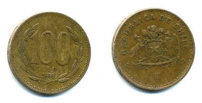 ЧИЛИ 100 ПЕСО 1998 ГЕНЕРАЛ БЕРНАРДО О ХИГГИНС KM 226.2 алюминевая бронза 35-1232