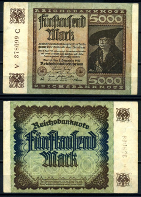 Германия 5000 марок 1922 2 декабря 1922, серия V, в/з №47 Pick 81, Розенберг 80а  бумага   8617-24-1-1
