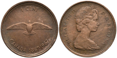КАНАДА 1 ЦЕНТ 1967 100 ЛЕТ КОНФЕДЕРАЦИИ, ПТИЦА, ЕЛИЗАВЕТА II (1952-) KM 65 бронза 4549-359