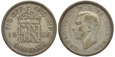 Великобритания 6 пенсов 1946 Георг VI (1936-1952) KM 852, Spink 4084 серебро 4538-624