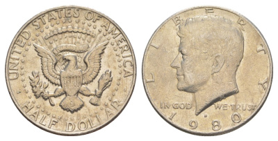 США 1/2 доллара (50 центов) 1980 D, Джон Кеннеди KM A202b медь плакированная медно-никелем aUNC 4367-126