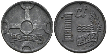 Нидерланды 1 цент 1942 Вильгельмина KM 170 цинк 4567-958