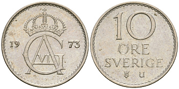Швеция 10 эре 1973 U, Густав VI Адольф (1950-1973) KM 835 медно-никель 4364-3613