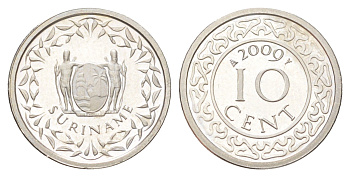 Суринам 10 центов 2009 тираж 1000 экземпляров KM 13a медно-никель BU 4625-339
