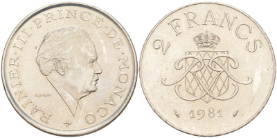 Монако 2 франка 1981 Ренье III (1949-2005) KM 157 никель 190-551