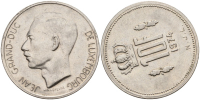 Люксембург 10 франков 1974 поворот на 80 градусов KM 57 никель 4150-932