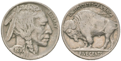 США 5 центов 1936 индеец, бизон KM 134 медно-никель 4614-1229