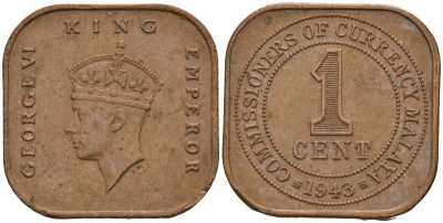 Британская Малайя 1 цент 1943 Георг VI (1937-1952) KM 6 бронза 4153-623