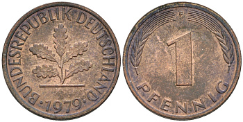 ФРГ 1 ПФЕННИГ 1979 F KM 105, J.380 сталь плакированная медью UNC 75-424