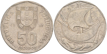 Португалия 50 эскудо 1987 парусник KM 636 медно-никель 81-133
