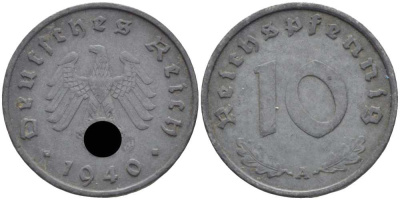 ГЕРМАНИЯ 10 РЕЙХСПФЕННИГОВ 1940 A KM 101, J. 371 цинк 4401-815