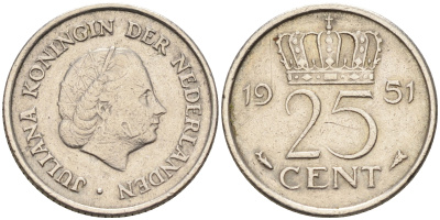 Нидерланды 25 центов 1951 Юлиана (1949-1980) KM 183 никель    4174-641
