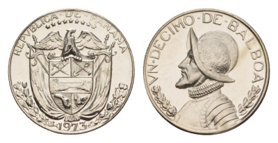 Панама 1/10 бальбоа (10 сентесимо) 1973 тираж 17.000 экземпляров KM 10 медь плакированная медно-никелем PROOF 1522-143
