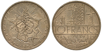 Франция 10 франков 1976 тип Матье KM 940, Le Franc 365.7-8 никель латунь 4123-613