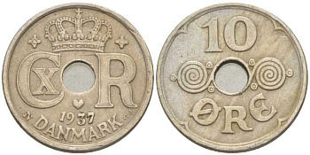 ДАНИЯ 10 ЭРЕ 1937 N ; GJ, КРИСТИАН X (1912-1947) KM 822.2 медно-никель 4383-123