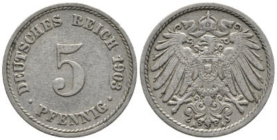 ГЕРМАНИЯ 5 ПФЕННИГОВ 1903 A KM 11, J. 12 медно-никель 39-766