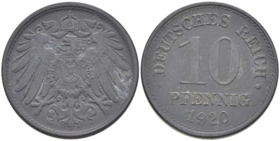 ГЕРМАНИЯ 10 ПФЕННИНГОВ 1920 KM 26, J.299, Weege 8 цинк 202-216