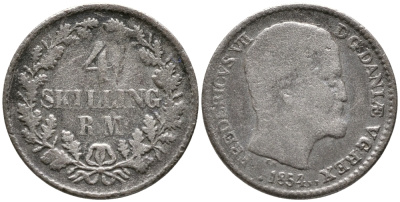 ДАНИЯ 4 СКИЛЛИНГА РИГСМОНТ 1854 RM, ФРЕДЕРИК VII (1848-1863) KM 758.1 (С136.1) серебро 100-745