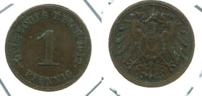 ГЕРМАНИЯ 1 ПФЕННИГ 1912 G KM 10, J.10 медь 701-145