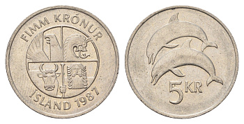 Исландия 5 крон 1987 дельфины KM 28 медно-никель 4589-252