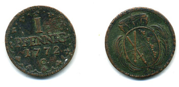 САКСОНИЯ 1 ПФЕННИГ 1772 C ФРИДРИХ KM 1000 медь 54-627