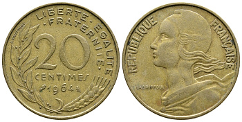 ФРАНЦИЯ 20 САНТИМОВ 1964 ТИП MARIANNE KM 930, LE FRANC 156.4 алюминиевая бронза 93-1347