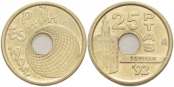 Испания 25 песет 1992 золотая башня в Севилье, EXPO 1992, Хуан Карлос I (1975-2014) KM 905 никель-бронза 4549-846