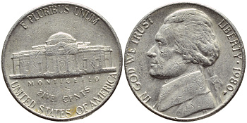 США 5 ЦЕНТОВ 1980 P, ДЖЕФФЕРСОН KM А192 медно-никель 4397-131