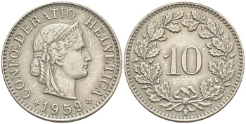 ШВЕЙЦАРИЯ 10 РАППЕНОВ 1959 В KM 27 медно-никель 55-314