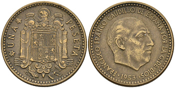 ИСПАНИЯ 1 ПЕСЕТА 1953(56) ФРАНСИСКО ФРАНКО (1939-1975) КМ 775 алюминиевая бронза 4573-344