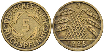 Германия 5 рейхспфеннигов 1925 J, Веймарская республика KM 39 алюминиевая бронза 116-914