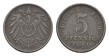 Германия 5 пфеннигов 1921 E KM 19, J. 297 железо плакированная цинком 4659-127