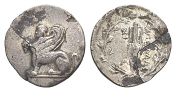 Иония, Хиос драхма 190-84 гг. до н.э. магистрат Апеллий, сфинкс с виноградной гроздью/амфора, RARE, (сквозная трещина), (из старой нидерландской коллекции) BMC 46 серебро 1073-1-24