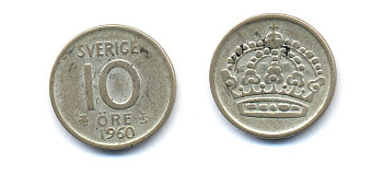 Швеция 10 эре 1960 T;S, Густав VI Адольф (1950-1973) KM 823 серебро 51-5217