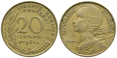 ФРАНЦИЯ 20 САНТИМОВ 1964 ТИП MARIANNE KM 930, LE FRANC 156.4 алюминиевая бронза 93-1347
