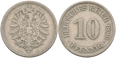 Германия 10 пфеннигов 1889 А, старогербовка KM 4 J. 4 медно-никель    4153-321