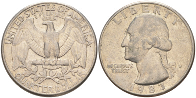 США 25 ЦЕНТОВ = КВОТЕР 1983 D, ВАШИНГТОН KM A164a медь плакированная медно-никелем 4114-827