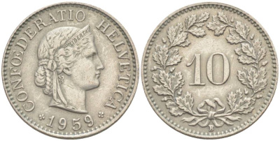 ШВЕЙЦАРИЯ 10 РАППЕНОВ 1959 В KM 27 медно-никель 55-314