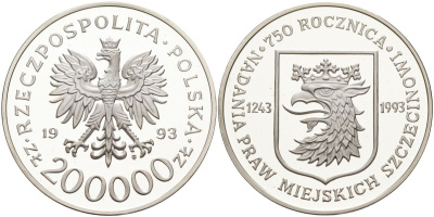 Польша 200000 злотых 1993 750 лет основания города Щецин KM 255 серебро PROOF 00-000-00