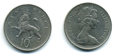Великобритания 10 пенсов 1974 Елизавета II (1952-2022) KM 912, Spink 4231 (F1) медно-никель  4110-1342