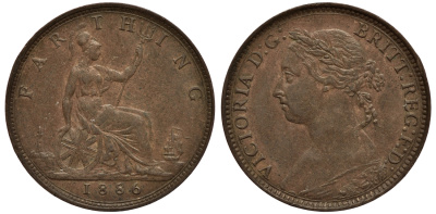 Великобритания 1 фартинг 1886 Виктория (1837-1901) KM 753, Spink 3958 бронза 4114-737