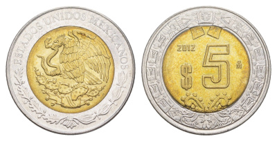 Мексика 5 песо 2012 Mo KM 605 биметалл UNC 4637-711