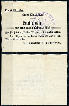 Германия, Динслакен 1 марка 1914 нотгельд Diessner 83.1.c бумага UNC (пресс) 444-99-3-2