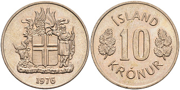 Исландия 10 крон 1976 KM 15 медно-никель UNC 4126-1013