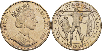 Гибралтар 1 крона 1991 XXV Олимпийские игры 1992 года в Барселоне, копьеметатель KM 69 медно-никель UNC 1084-8-32