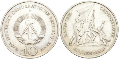 ГДР 10 марок 1972 A, мемориал Бухенвальда KM 38, J. 1539 медно-никель 3855-1234