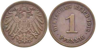 ГЕРМАНИЯ 1 ПФЕННИГ 1912 F KM 10, J. 10, Weege 2 медь 211-451